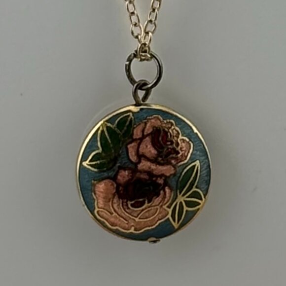 Vintage Gold Toned Round Domed Enamel Flower Art Pendant Necklace - Picture 2 of 2